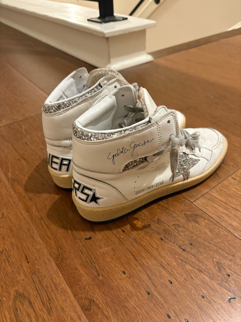 Golden Goose White High-Top Sneakers with Silver Glitter Star. Worn 2 times. - Picture 3 of 3